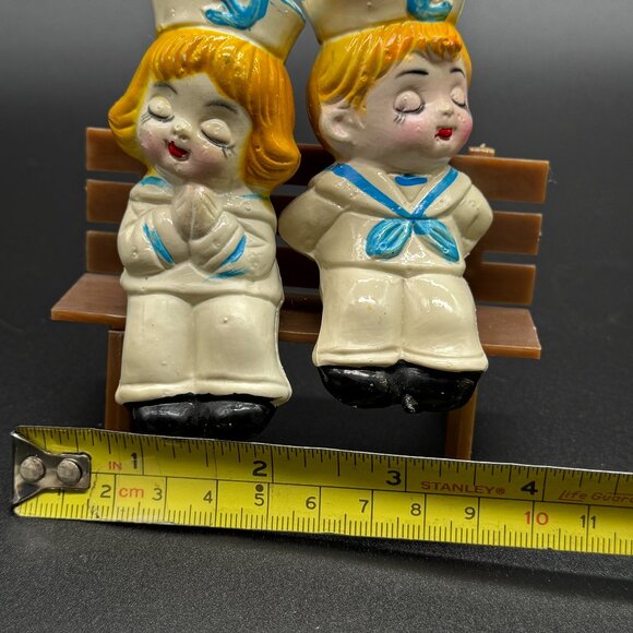 Vintage Salt and Pepper Shakers Sailors Girl Boy Plastic Uniform on Bench Stand - Picture 6 of 6